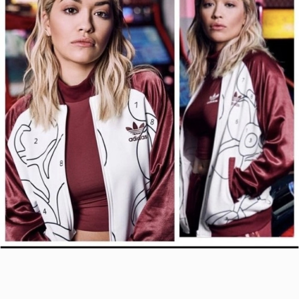 Adidas Women's Maroon and White Jacket - Rita Ora Size XD